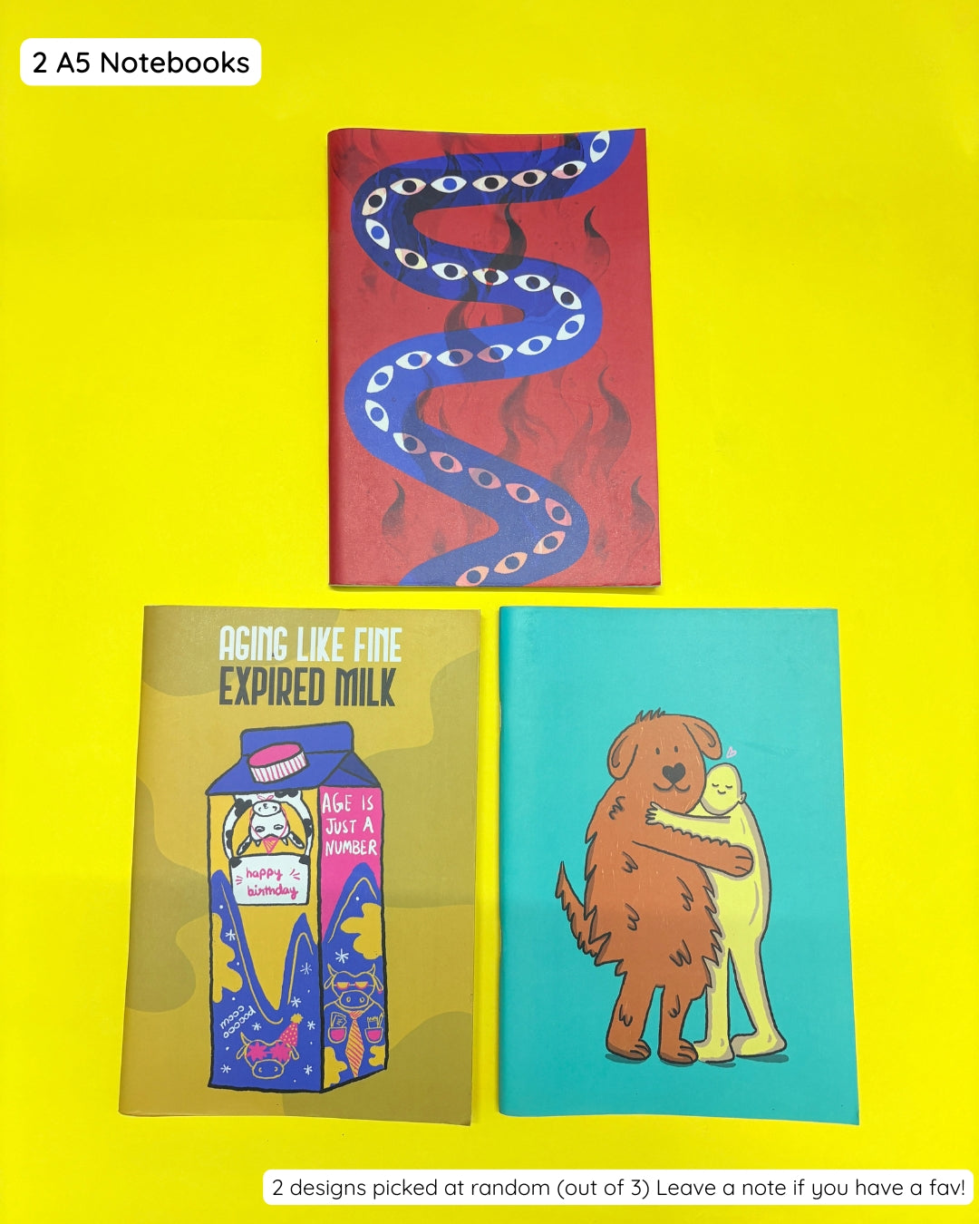 Three notebooks with unique designs on a yellow background