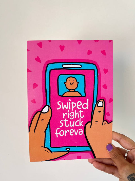 Swiped right stuck forever postcard